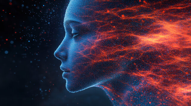 fragmented human face composed of digital particles