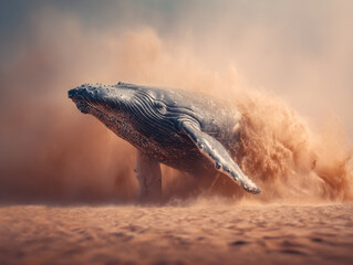 Fototapeta premium A majestic whale breaching through a dusty desert landscape, combining ocean life with surreal arid surroundings in a stunning natural contrast