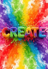 Vibrant rainbow splatter with bold 'create' text on transparent background