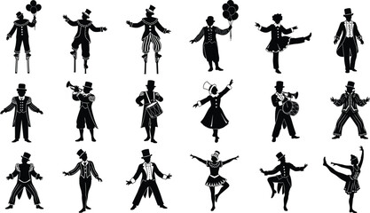 Black vector silhouette set of circus performers featuring stilt walkers clowns with balloons musicians acrobats and dancers for carnival event and entertainment industry branding © MstHanufa
