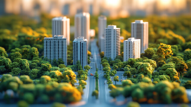miniature cityscape with white buildings and roads surrounded by green trees