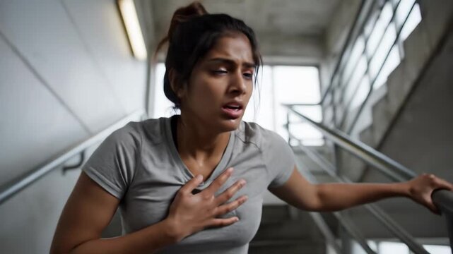 Young woman experiencing chest pain and shortness of breath on stairs