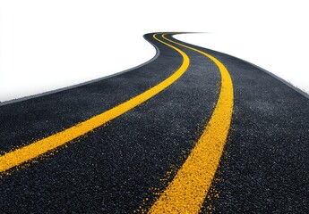 Winding asphalt road with double yellow lines, disappearing into white