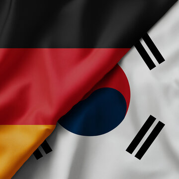 Verschr&auml;nkte Flaggen von Deutschland und S&uuml;dkorea &ndash; Symbol f&uuml;r Partnerschaft, Handel, diplomatische Beziehungen, kulturellen Austausch und internationale Zusammenarbeit.
