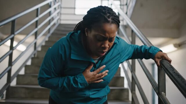 Black woman experiencing chest pain on stairs
