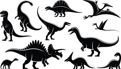 Black vector silhouette set of diverse dinosaurs including T-Rex triceratops and pterodactyl for prehistoric nature education museum branding and ancient wildlife exploration design © MstHanufa