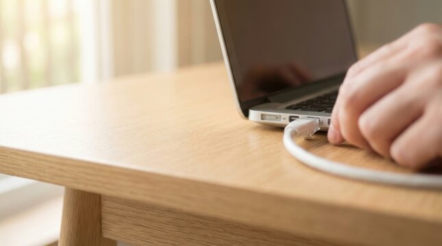 Close up of a person's hand connecting a white Ethernet cable to a silver laptop computer on a wooden desk