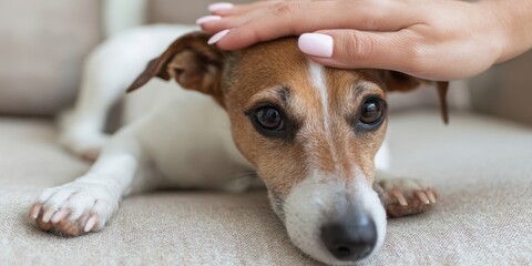 Obraz premium The Dog Receiving Gentle Head Pats On A Cozy Sofa Showing Trust And Affection