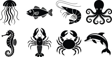 Black vector silhouette set of diverse marine animals including jellyfish octopus dolphin seahorse crab and lobster for ocean nature education and aquatic branding design © MstHanufa