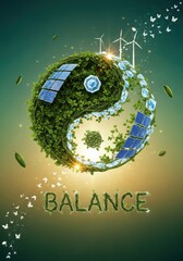 Yin yang symbol balancing nature and technology on transparent background