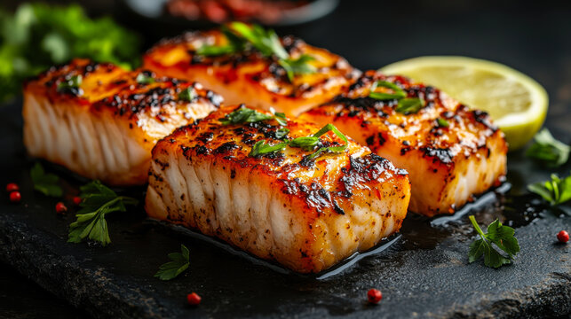 salmon fillets cooking on cedar planks on grill
