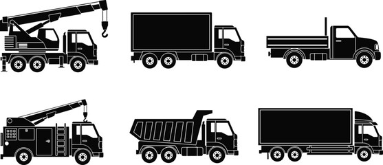 Black vector silhouette set of heavy duty trucks including crane truck delivery van dump truck and flatbed for construction logistics and transportation branding © MstHanufa