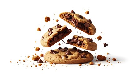 Obraz premium Exploded chocolate chip cookie with crumbs on white background With shadow. AI GENERATED.