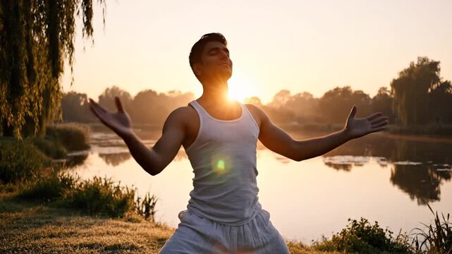 Man practicing tai chi outdoors near water during a sunset