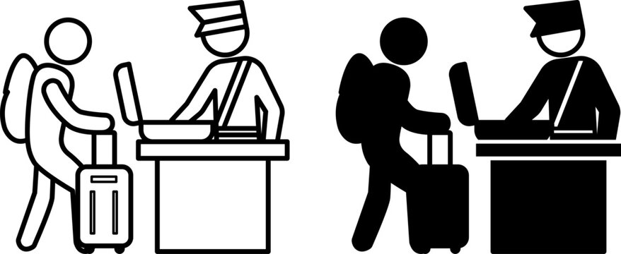 Border Control Icons. Line and Glyph Vector Illustrations. Customs Officer Checking the Luggage of a Person with a Suitcase. Checking the Legality of Border Crossing, Checkpoint. Migration Concept