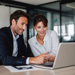 Obraz premium Zwei Geschäftsleute arbeiten gemeinsam am Laptop im modernen Büro – Symbol für Teamwork, Beratung, Planung und erfolgreiche Zusammenarbeit im Unternehmen.