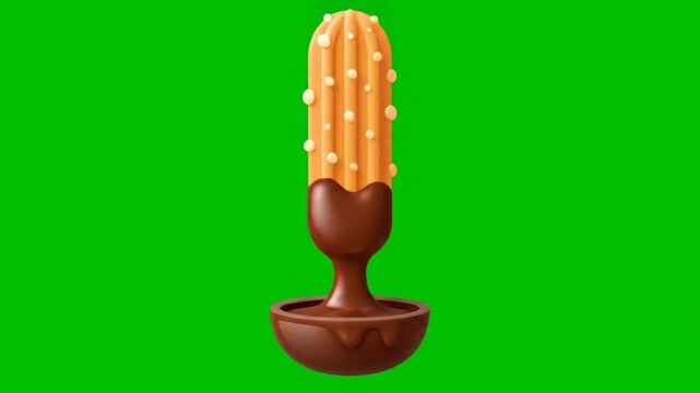 Golden churro on a brown chocolate dipping sauce cup isolated on green background