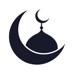 Minimal Crescent Moon With Mosque Dome Islamic Ramadan And Eid Vector Illustration. Simple crescent moon mosque logo for Ramadan branding