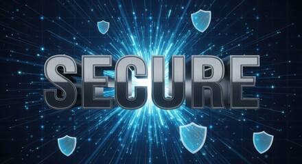 Futuristic secure text with shields and blue light on transparent
