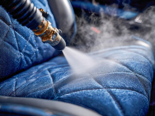 Fototapeta premium Steam cleaning process capturing a high-pressure nozzle spraying mist to sanitize and refresh blue quilted fabric upholstery on a vehicle seat with detailed texture