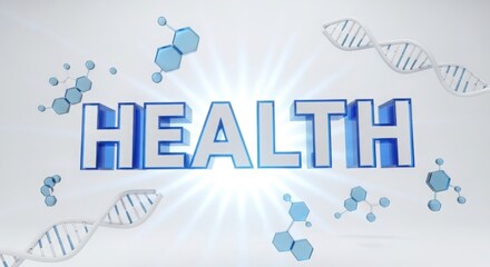 Blue health text with molecules and dna strands on transparent background