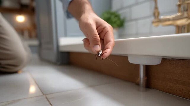Medium shot of a person targeting cockroach hotspots with gel bait under the kitchen sink for thorough pest management.
