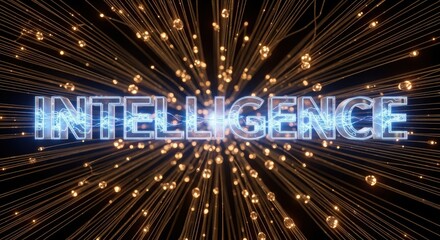 Bright glowing intelligence text surrounded by light beams on transparent