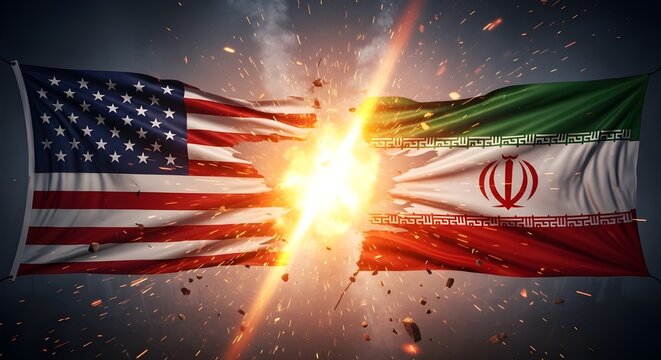 Usa and iran flags with explosive background