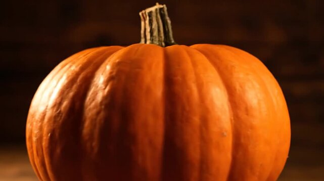 A vibrant orange pumpkin with a sturdy stem sits on a warm brown surface against a dark background