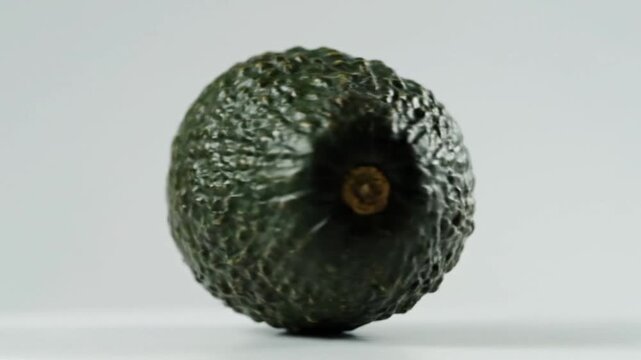 Dark green avocado with textured skin and brown pit isolated on light gray background