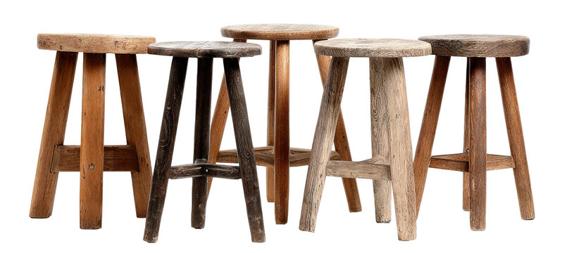 Set of wooden stools, isolated on transparent cutout background
