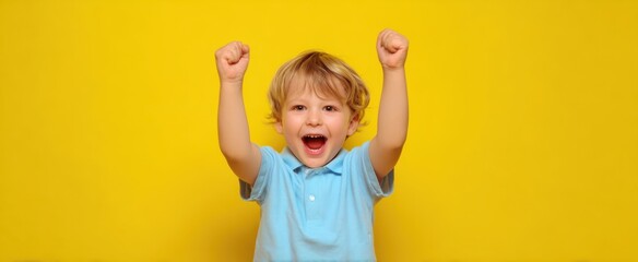 The Boy Celebrating with Arms Raised Against a Bright Yellow Background