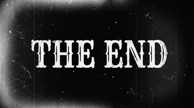 Old vintage movie THE END title frame with film grain and scratches on black background.