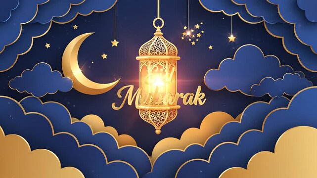 A 3D art paper cut illustration of an islamic lantern with a moon, stars, and clouds, featuring the word 'Mubarak' in a loop animation. Perfect for Ramadan, Eid celebrations, and cultural