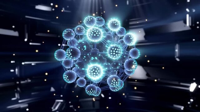 Abstract molecular sphere spinning in a dark space environment with glowing digital nodes for scientific or technological use.
