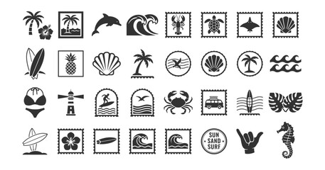 Beach and ocean travel stamp icon set with tropical marine and surf elements vector illustration isolated on transparent background © gerik_a