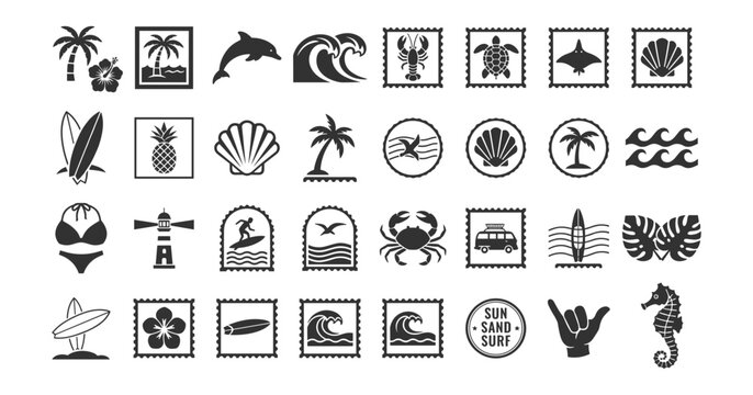 Beach and ocean travel stamp icon set with tropical marine and surf elements vector illustration isolated on transparent background