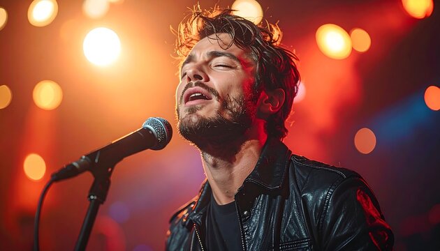 Male singer performing live on stage with microphone under warm lights conveying passion emotion and contemporary music performance