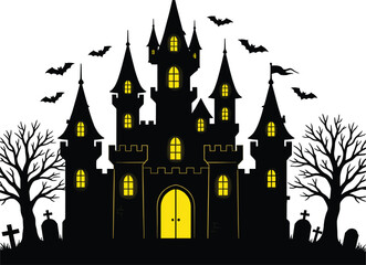 Obraz premium Gothic horror mansion vector illustration featuring creepy cemetery trees and glowing windows for Halloween party.