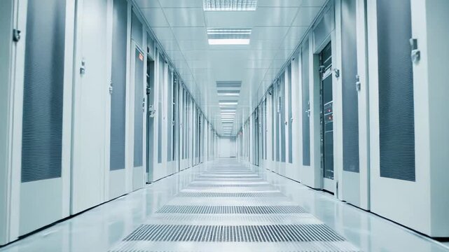 Corridor in modern data center processing and storing information, with rows of server racks demonstrating digital infrastructure for computing, network communication, and cloud technology