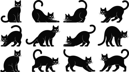 Black cats silhouette halloween spooky feline set collection poses vector illustration isolated design decorative © Leza
