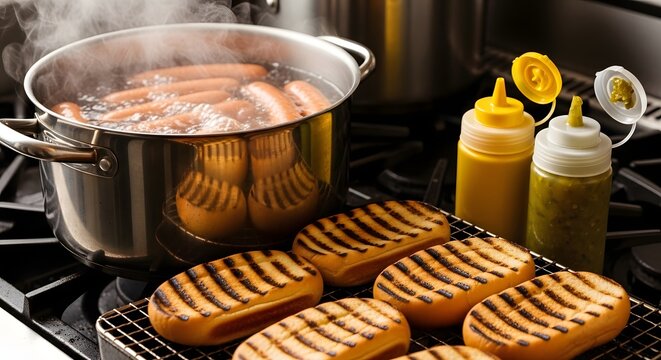 Grilled hot dogs and buns with condiments on a kitchen stove