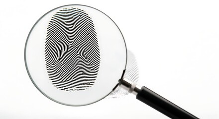 Magnifying glass reveals dark fingerprint detail on white background With shadow. AI GENERATED.