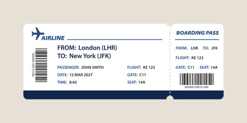 Realistic illustration of airplane ticket boarding pass with passenger name and destination. Concept of travel, journey or business trip.