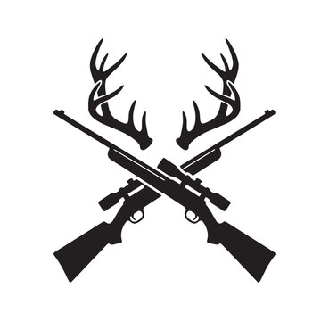 Black silhouette of crossed rifles with antlers on white background