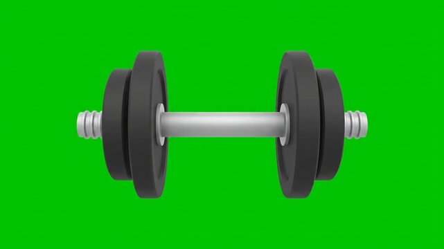 A metallic dumbbell with black weights isolated on green background