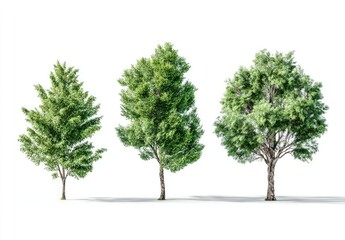 Obraz premium Three distinct green trees, varying in shape and foliage density, on white