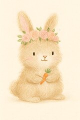 Obraz premium Cute rabbit watercolor illustration, Cute rabbit wall art print. Whimsical nursery illustration, pastel blue background. Vintage nursery animal art, soft hand painted style for kids room decor