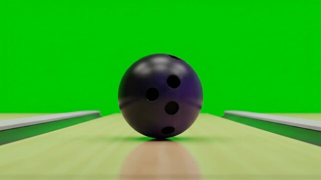 A shiny black bowling ball with four holes sits on a green lane with a green screen background