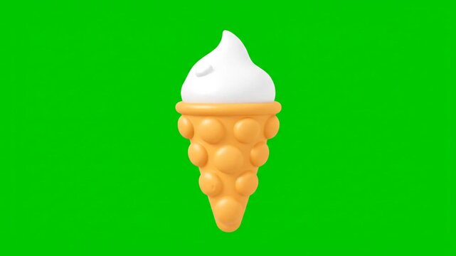 White ice cream in a yellow waffle cone isolated on green background